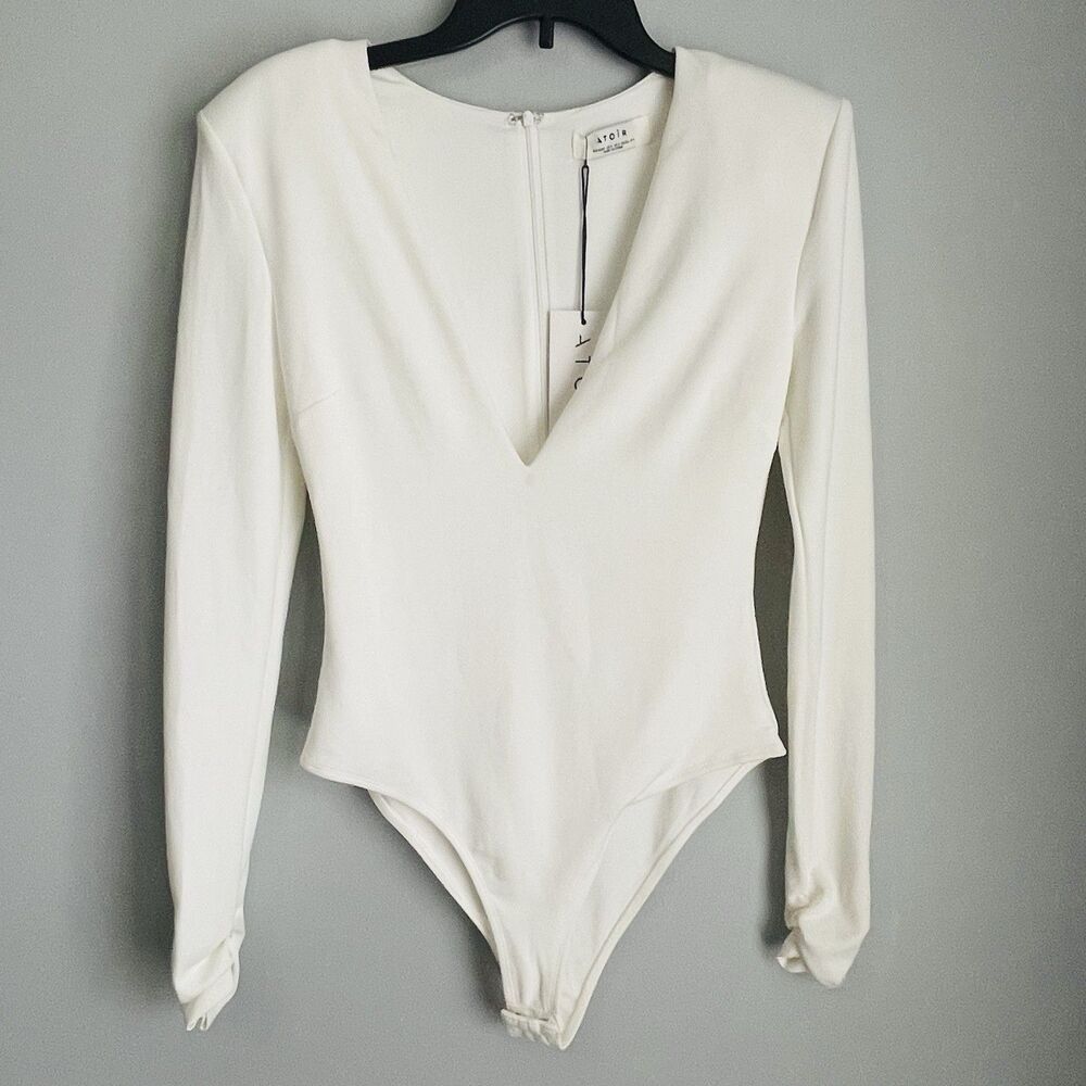 NEW Atoir Exton Deep V Neck Bodysuit Women's Size 4 White High Cut Long Sleeve